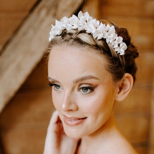 White bridal porcelain flower hair piece, white bridesmaid and flower girl headband image 1