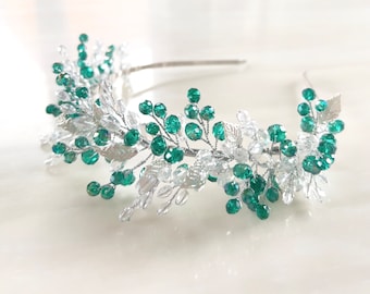 bohemian inspired Bridal headpiece, green crystal headband for wedding or special occasion