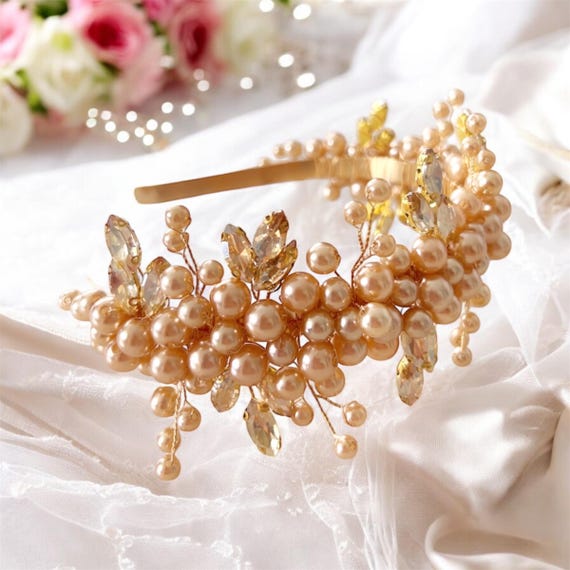 Gold Pearl & Crystal Beaded Headband: Elegant Bridal 