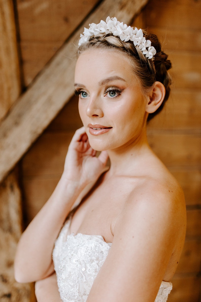 White bridal porcelain flower hair piece, white bridesmaid and flower girl headband image 4