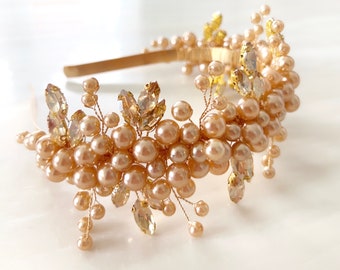 Gold pearl headband, champagne gold pearl bridal and occasion headband