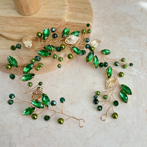 Peridot green crystal hair vine with pearls and gold leaves, green and gold bridal and occasion headpiece