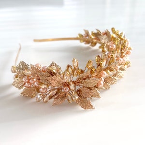 Gold leaf bohemian bridal headband, gold bridal headpiece with crystals and delicate gold leaves