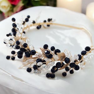 Bandeau de mariée noir et or, serre-tête en cristal noir pour occasions spéciales