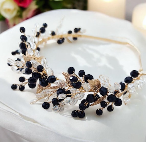 Black and Gold Bridal Headpiece, Black Crystal Special  display picture 1