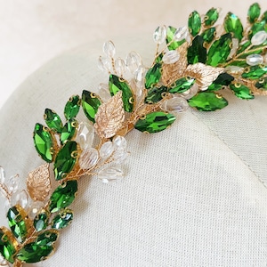 Green and gold headpiece, peridot green crystal headband for wedding or special occasion