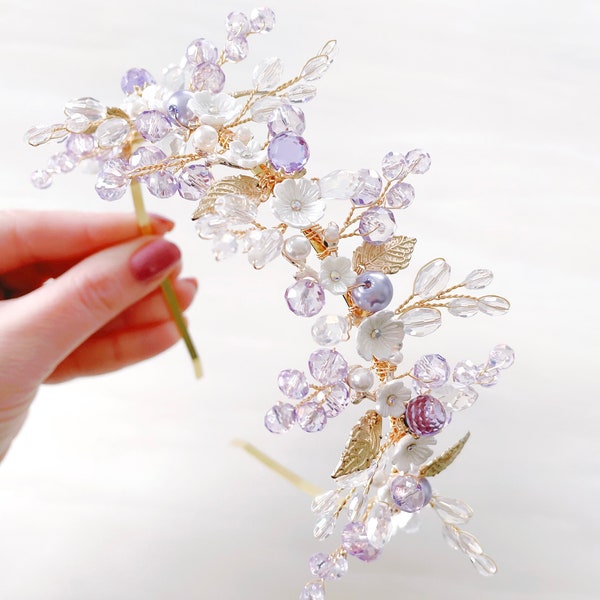 Boho bridal headpiece, lilac bridal and occasion headband