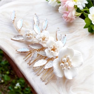 Porcelain Flower Bridal Hair Comb: Pearl & Crystal Gold Leaf Headpiece