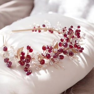 Red Crystal Bridal Headband: Handmade Gold Leaf Fascinator