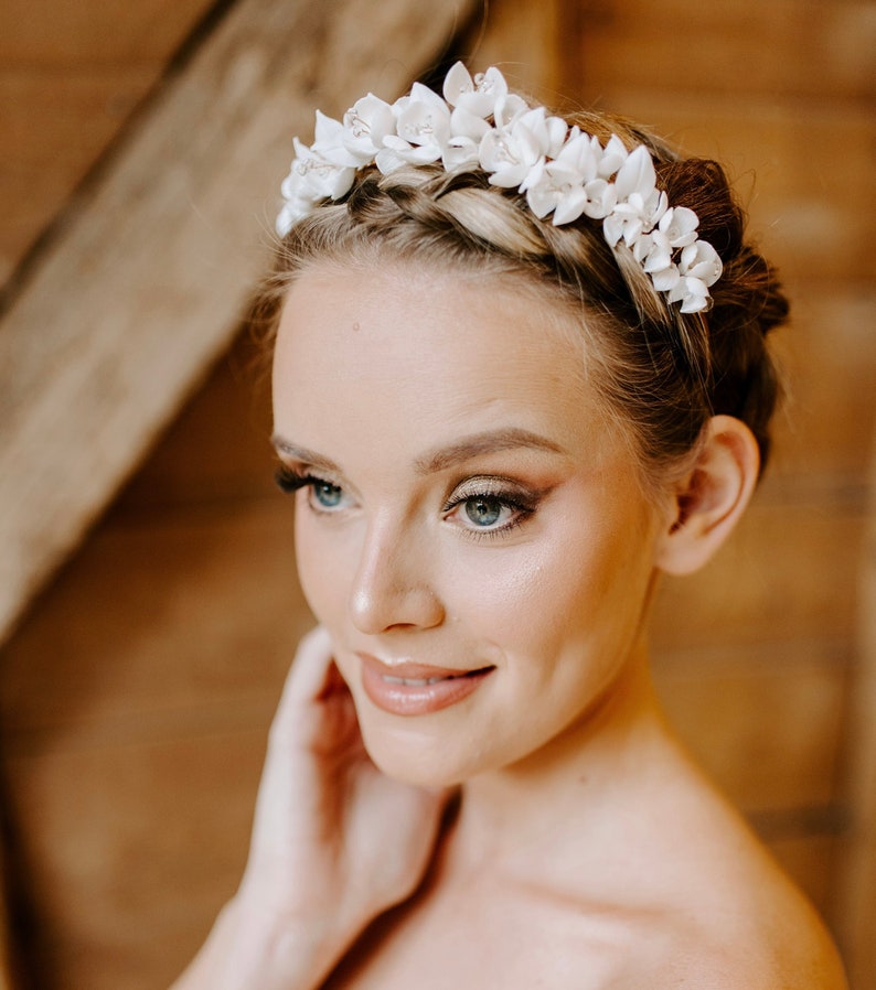 White bridal porcelain flower hair piece, white bridesmaid and flower girl headband image 1