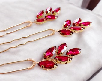 Wine Red Crystal Leaf Hair Pins: Bridal Headpiece