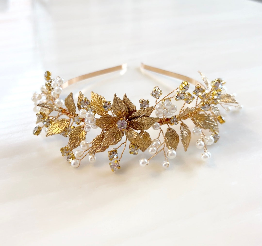 Gold Leaf Bridal Headband, Gold Boho Bridal Headpiece With Crystals and