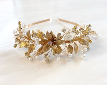 Gold leaf bridal headband, gold boho bridal headpiece with crystals and delicate gold leaves.