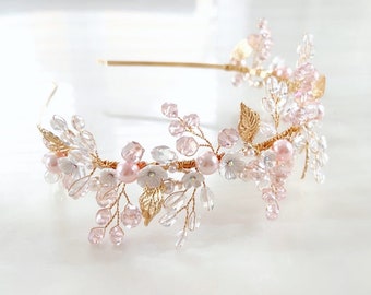 blush pink crystal bridal headband, boho bridal and special occasion headpiece