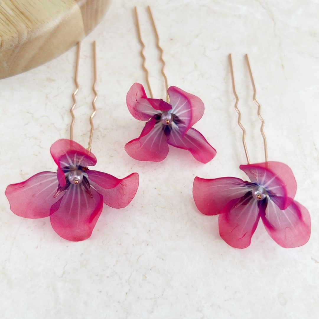 Bright Pink and Purple Flower Hair Pins, Set of 3 Silk Flower Hair Pins ...