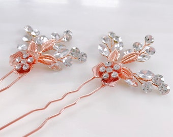 Bridal hair pins, set of 2 floral rose gold hair pins for wedding or special occasion