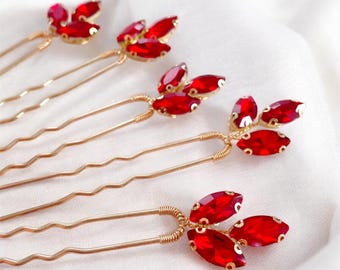 Red Crystal Hair Pins: Bridal Headpiece, Set of 5