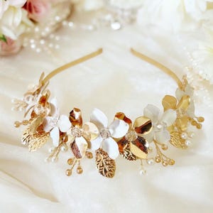 Gold and white flower bridal headband, bohemian bridal headpiece