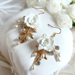 Handwired Pearl Bridal Earrings: White Porcelain Flower, Gold Leaf