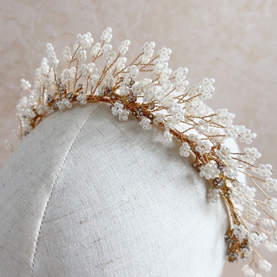 Pearl and Crystal Cluster Bridal Headband with Gold Wire Gold Pearl & Crystal Beaded Headband: Elegant Bridal  main image 3