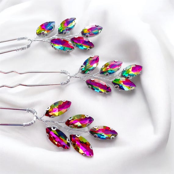 Crystal Leaf Hair Pins: Rainbow Wedding Hair Accessories 