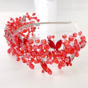 Red crystal headpiece, red bridal headband image 2