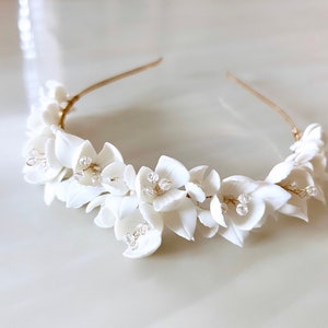 White bridal porcelain flower hair piece, white bridesmaid and flower girl headband image 2