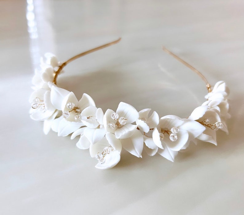 White bridal porcelain flower hair piece, white bridesmaid and flower girl headband image 2