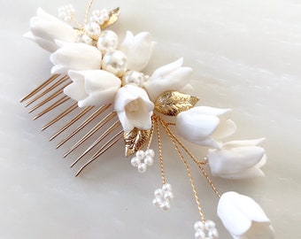 White flower bridal headpiece, Porcelain flower bridal hair comb with pearls and crystals