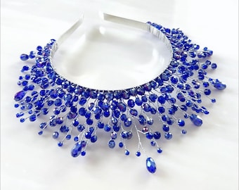 Royal blue statement headpiece, blue crystal bridal headpiece, occasion headband