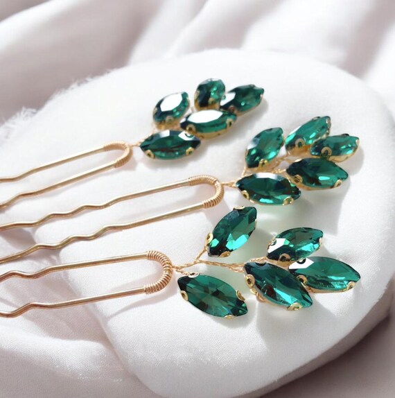Emerald Green Crystal Leaf Hair Pins - Bridal Hair  display picture 2