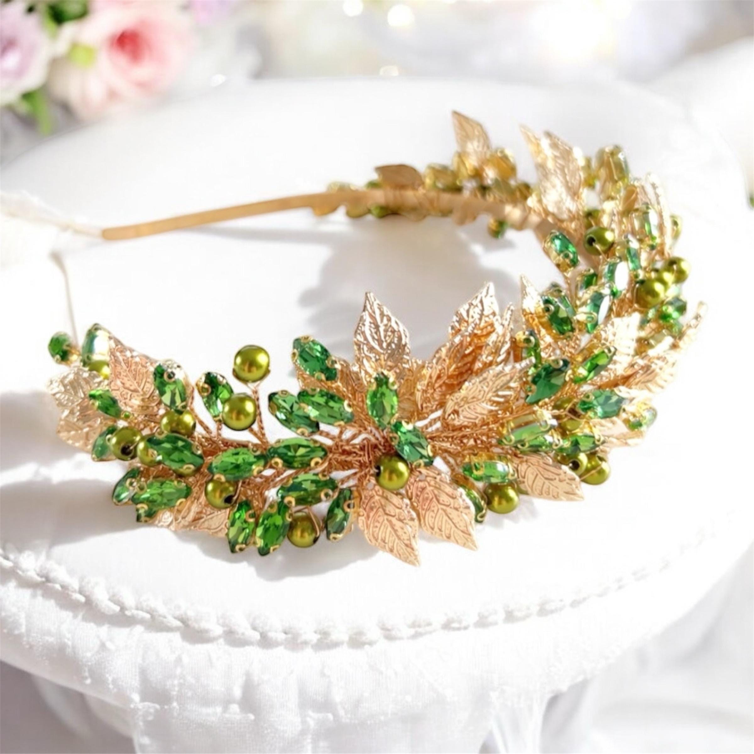 Gold Leaf Bohemian Bridal Headband: Green Crystal Headpiece  display picture 1