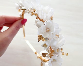 Gold Bridal headband, White porcelain flower bridal headpiece, floral bridal crown