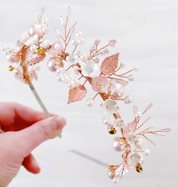 Delicate Blush Floral Headband with Crystals Crystal Hair Vine Floral Bridal Hairpiece Blush Pink Flowers  main image 2