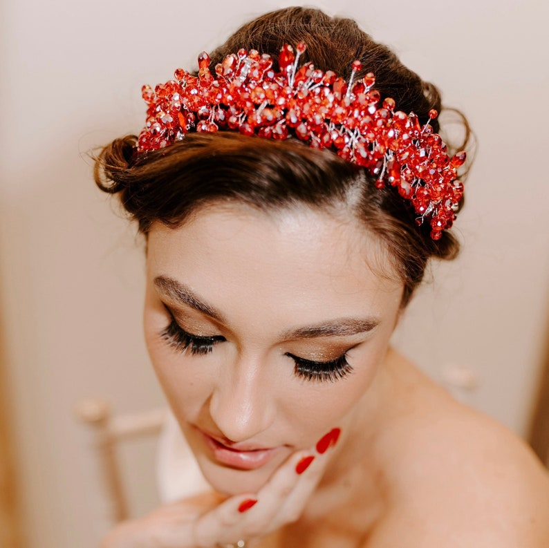 Red crystal headpiece, red bridal headband image 1