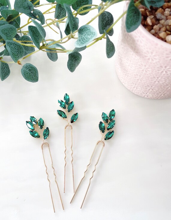 Emerald Green Crystal Leaf Hair Pins - Bridal Hair  display picture 1