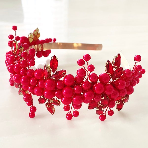 Vibrant red pearl headband, red bridal and occasion headpiece