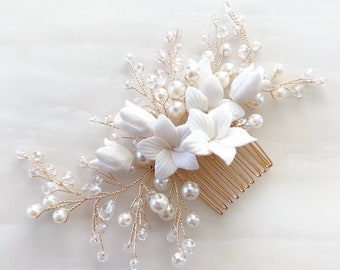 Porcelain flower bridal hair comb with pearls and crystals, bridal headpiece