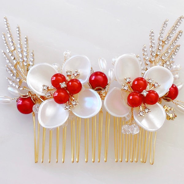 Red and gold bridal hair comb, red and ivory pearl headpiece