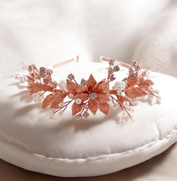 Rose Gold Bridal Headband: Crystal & Pearl Leaf Headpiece - Etsy display picture 1