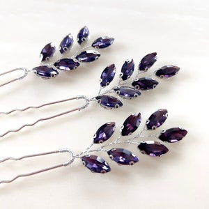 Dark purple crystal hair pins, set of 3 purple hair pins, purple hair accessory