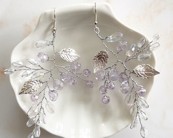 Lilac crystal and silver leaf earrings, lilac bridal and occasion earrings