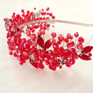 Red crystal headpiece, red bridal headband image 9