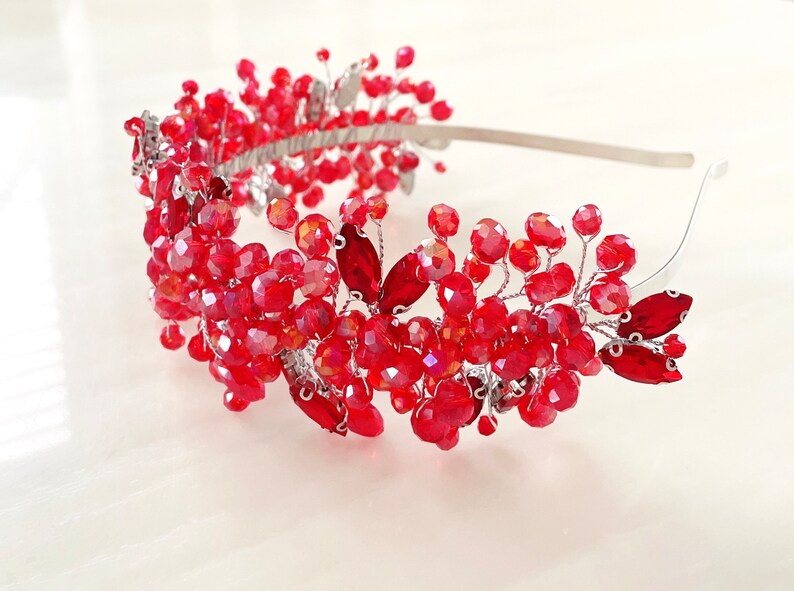 Red crystal headpiece, red bridal headband image 9