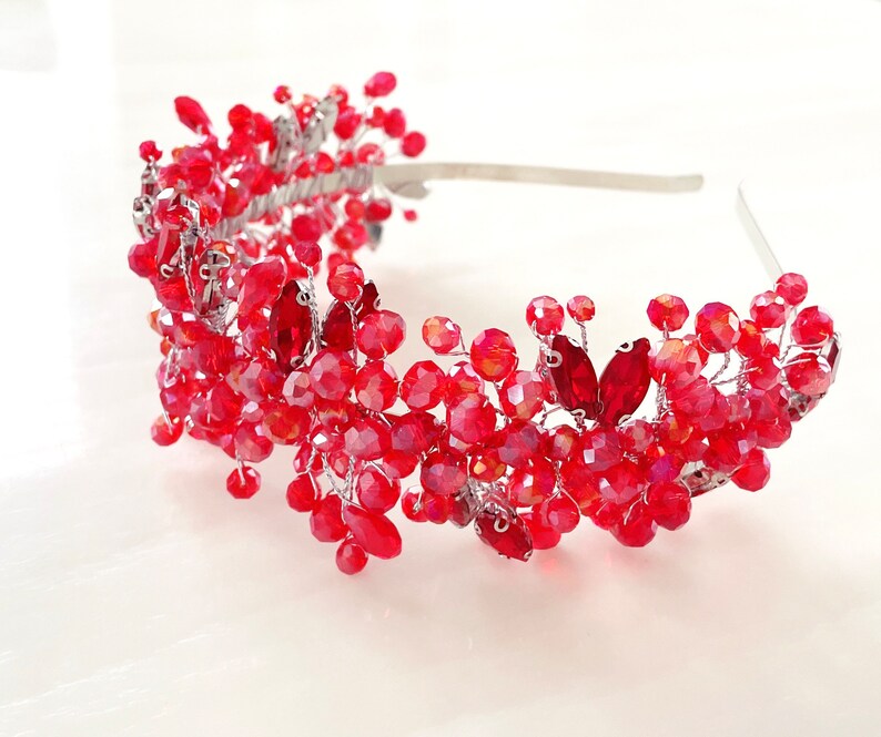 Red crystal headpiece, red bridal headband image 8