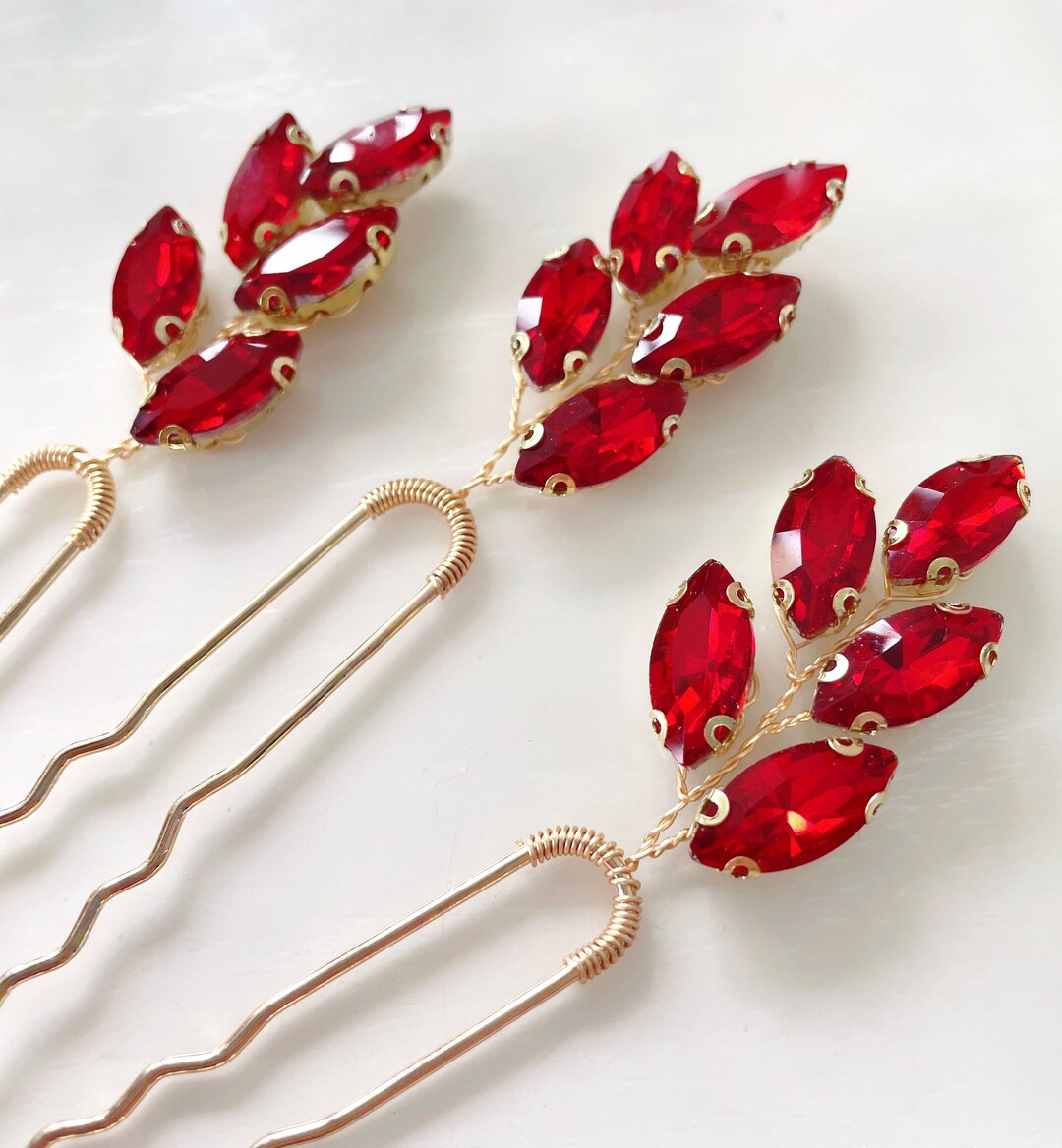 Aria Red Hair Pins Set of 3 Crystal Hair Pins Occasion Hair Etsy