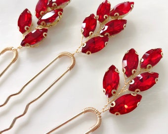 set of 3 vibrant red crystal hair pins, red headpiece for wedding party and special occasion