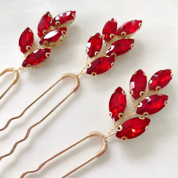 set of 3 vibrant red crystal hair pins, red headpiece for wedding party and special occasion