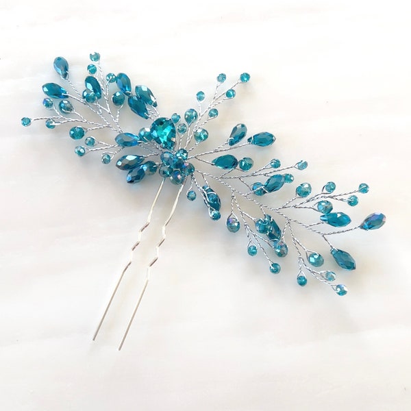 blue crystal hair pin, blue bridal hair pin, turquoise hair piece