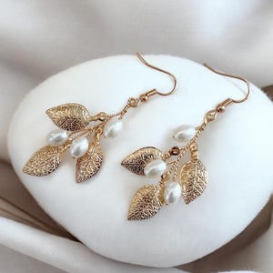 Gold Leaf Pearl Bridal Earrings: Hand Wired Wedding Jewelry
